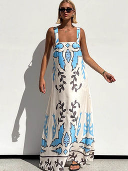 Outzidr - Women Blue Polyester Printed Maxi Dress