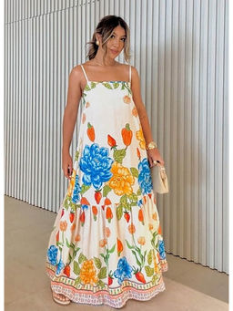 Outzidr - Women White Polyester Floral Maxi Dress