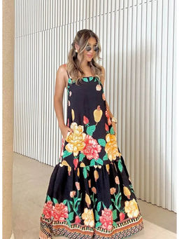 Outzidr - Women Black Polyester Floral Maxi Dress