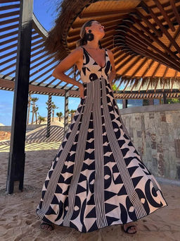 Outzidr - Women Navy Blue Polyester Printed Maxi Dress