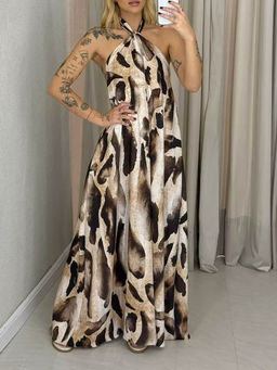 Outzidr - Women Beige Polyester Animal Print Maxi Dress