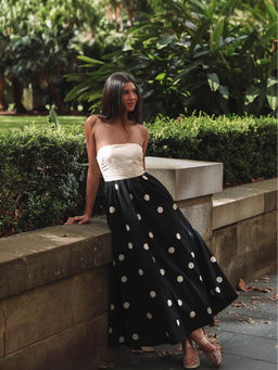 Outzidr - Women Navy Blue Polyester Polka Dots Maxi Dress