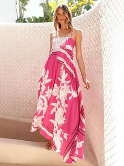 Outzidr - Women Pink Polyester Floral Maxi Dress