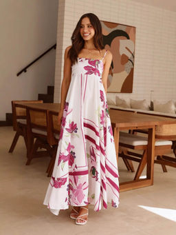 Outzidr - Women White Polyester Printed Maxi Dress