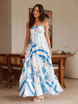 Outzidr - Women Blue Polyester Floral Maxi Dress