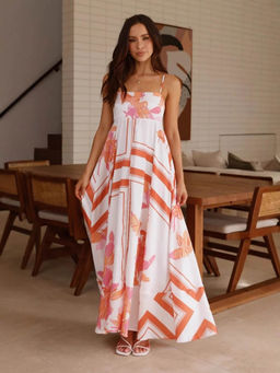 Outzidr - Women Off White Polyester Floral Maxi Dress