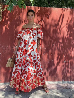 Outzidr - Women Red Polyester Floral Maxi Dress