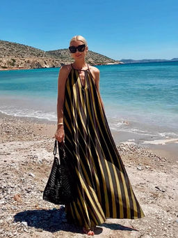 Outzidr - Women Black Polyester Stripes Maxi Dress