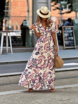 Outzidr - Women Beige Polyester Printed Maxi Dress