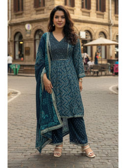 Ishnya - Women Blue Chanderi Printed Kurta With Pant And Dupatta