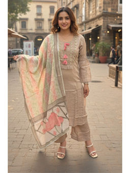 Ishnya - Women Taupe Modal Embroidered Kurta With Pant And Dupatta