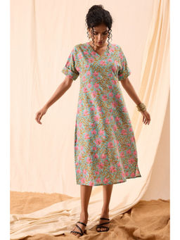 NILAM INDIA - Maya Hand Block Printed Floral Half Sleeve Dress (S)