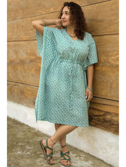 NILAM INDIA - Luna Hand Block Printed Teal Wrap Kaftan Dress