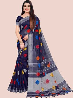 Rajnandini - Womens Navy Blue Linen Cotton Printed Traditional Saree with Unstitched Blouse