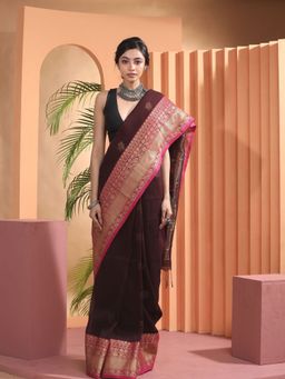 Beatitude - Brown Woven Linen Saree with Unstitched Blouse