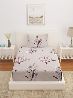 At Home by Nilkamal - Ammara Grace Floral Polycotton Single Bedsheet with 1 Pillow Cover Beige