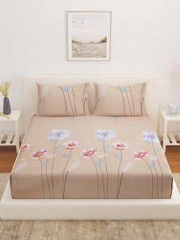 At Home by Nilkamal - Ammara Floral Polycotton Queen Bedsheet with 2 Pillow Covers Beige