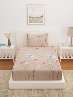 At Home by Nilkamal - Ammara Floral Polycotton Single Bedsheet with 1 Pillow Cover Beige