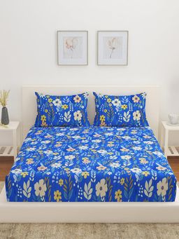 At Home by Nilkamal - Aurora Botanic Floral Polyester King Bedsheet with 2 Pillow Covers Blue