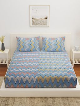 At Home by Nilkamal - Ammara Wave Polycotton Queen Bedsheet with 2 Pillow Covers Light Blue