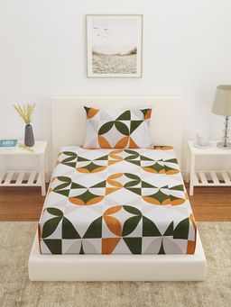 At Home by Nilkamal - Ammara Geometric Polycotton Single Bedsheet with 1 Pillow Cover Grey & Green