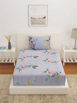 At Home by Nilkamal - Ammara Hue Floral Polycotton Single Bedsheet with 1 Pillow Cover Sky Blue