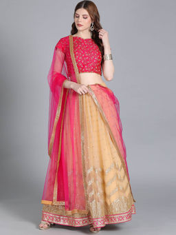 Ethnovog - Semi Stitched Pink & Beige Embroidered Lehenga & Unstitched Blouse with Dupatta (Set of 3)