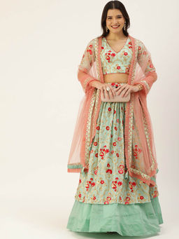 Ethnovog - Semi Stitched Green & Peach Layered Lehenga & Unstitched Blouse with Dupatta (Set of 3)