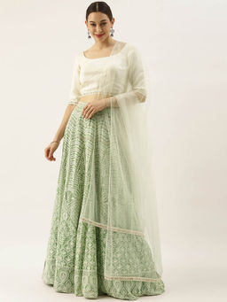 Ethnovog - Semi Stitched Off White & Green Kali Lehenga & Unstitched Blouse with Dupatta (Set of 3)