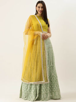 Ethnovog - Semi Stitched Green & Mustard Kali Lehenga & Unstitched Blouse with Dupatta (Set of 3)