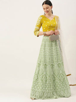 Ethnovog - Semi Stitched Green & Mustard Kali Lehenga & Unstitched Blouse with Dupatta (Set of 3)