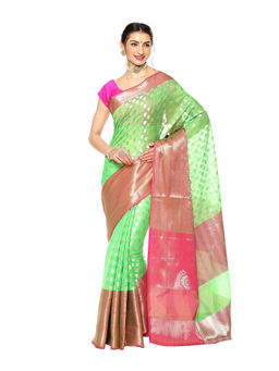 Banarasi Silk Works - Green Zari Booti Pattu Border Art Saree with Unstitched Blouse