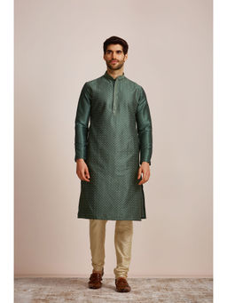 Manyavar - Green Art Silk All Over Self Design Kurta Pencil Pyjama Set (Set of 2)