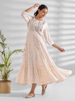 Mokshi - Womens Off White Ethnic Motifs Printed Embroidered Rayon Flared Dress