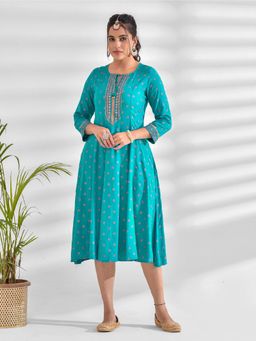 Mokshi - Womens Green Ethnic Motif Foil Printed Rayon A-Line Dress