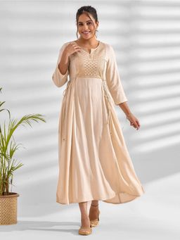 Mokshi - Womens Beige Solid Sequin Worked Rayon Flared Dress
