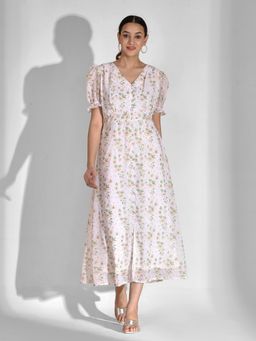 Mokshi - Womens White Floral Printed Chiffon A-Line Dress