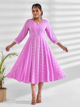 Mokshi - Womens Purple Ethnic Motif Printed Rayon Flared Dress