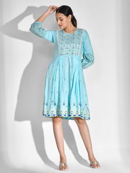 Mokshi - Womens Blue Ethnic Motif Embroidered Rayon Dress