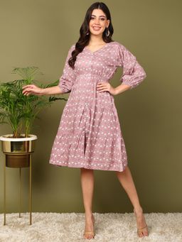 Mokshi - Womens Peach Floral Printed Rayon Flared Dress