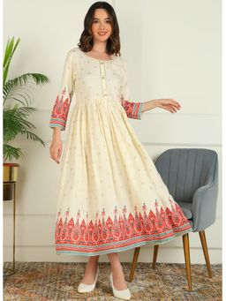 Mokshi - Womens Cream Ethnic Motif Foil Printed Rayon Flared Dress