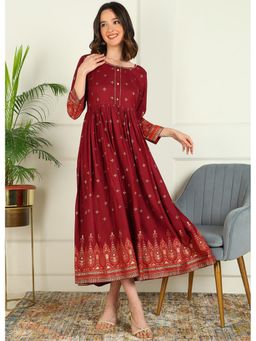 Mokshi - Womens Maroon Ethnic Motif Foil Printed Rayon Flared Dress