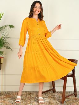 Mokshi - Womens Yellow Solid Rayon Flared Dress