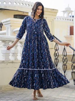 Mokshi - Womens Blue Abstract Printed Rayon Gown Dress