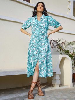 Mokshi - Womens Green Leaf Printed Rayon A-Line Dress