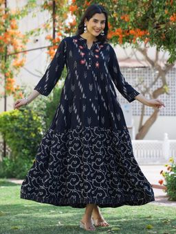 Mokshi - Womens Black Abstract Printed Rayon Flared Dress