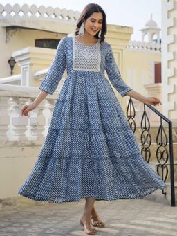 Mokshi - Womens Grey Leheriya Printed Embroidered Sequin Worked Rayon Flared Dress