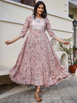 Mokshi - Womens Peach Floral Printed Embroidered Sequin Worked Rayon Flared Dress