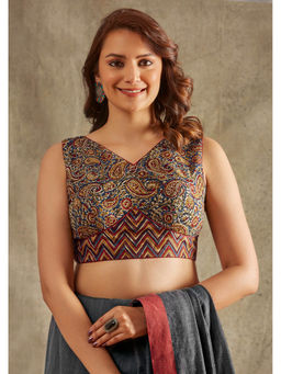 SALWAR STUDIO - Beige Kalamkari Yoke Design Stitched Blouse