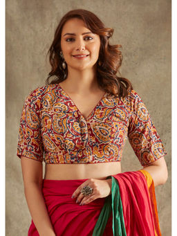 SALWAR STUDIO - Red V-Neck Kalamkari Stitched Blouse